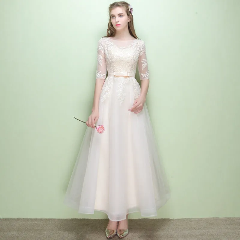 Champagne Tulle Round Neckline with Lace Applique Wedding Party Dresses, Lovely Tulle Party Dresses