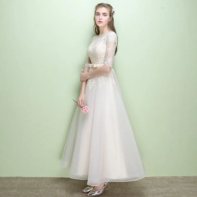 Champagne Tulle Round Neckline with Lace Applique Wedding Party Dresses, Lovely Tulle Party Dresses