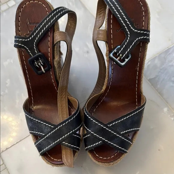 Christian Louboutin Black and Brown Leather Sandals with Woven Straps
