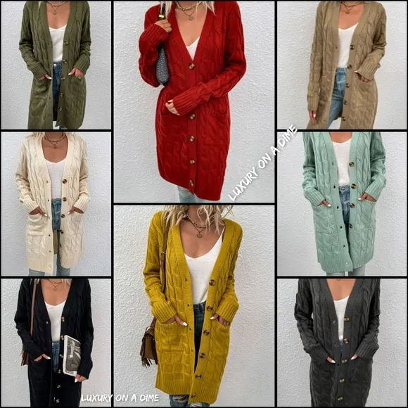Chunky Cable-Knit Classic Button Front Long Cardigan Patch Pockets Grannycore