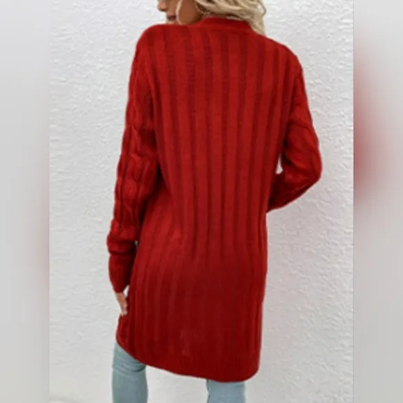 Chunky Cable-Knit Classic Button Front Long Cardigan Patch Pockets Grannycore