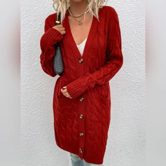 Chunky Cable-Knit Classic Button Front Long Cardigan Patch Pockets Grannycore