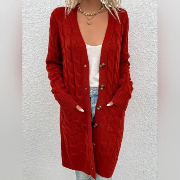 Chunky Cable-Knit Classic Button Front Long Cardigan Patch Pockets Grannycore