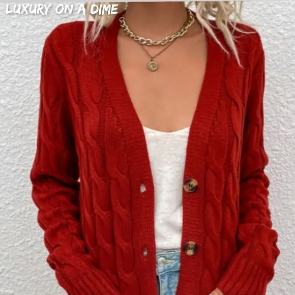 Chunky Cable-Knit Classic Button Front Long Cardigan Patch Pockets Grannycore