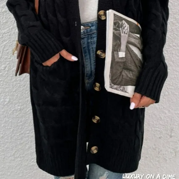 Chunky Cable-Knit Classic Button Front Oversized Long Pocket Cardigan Sweater