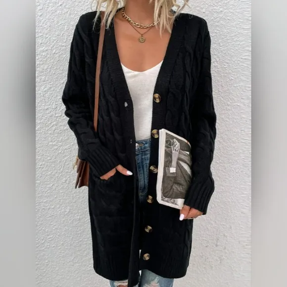 Chunky Cable-Knit Classic Button Front Oversized Long Pocket Cardigan Sweater