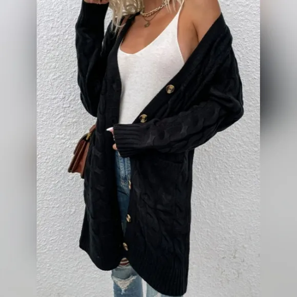 Chunky Cable-Knit Classic Button Front Oversized Long Pocket Cardigan Sweater