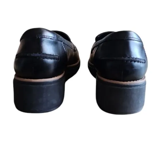 Clarks Sharon Gracie Slip-On Chunky Wedge Loafers Shoes Faux Leather Black Sz 9