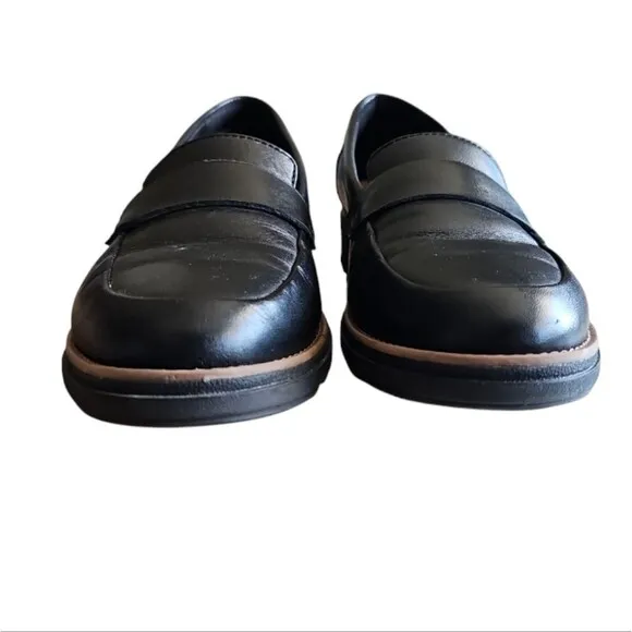 Clarks Sharon Gracie Slip-On Chunky Wedge Loafers Shoes Faux Leather Black Sz 9
