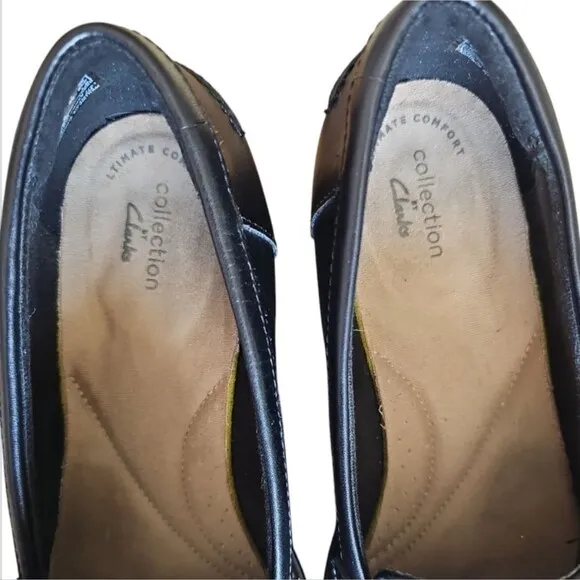 Clarks Sharon Gracie Slip-On Chunky Wedge Loafers Shoes Faux Leather Black Sz 9