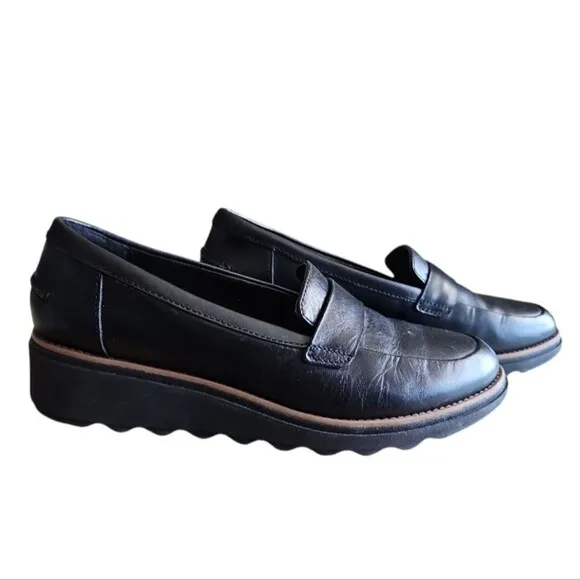 Clarks Sharon Gracie Slip-On Chunky Wedge Loafers Shoes Faux Leather Black Sz 9
