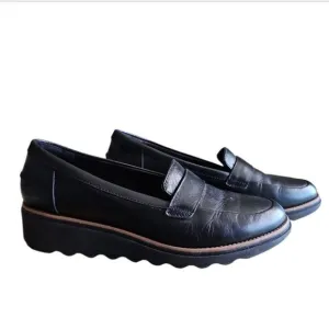 Clarks Sharon Gracie Slip-On Chunky Wedge Loafers Shoes Faux Leather Black Sz 9