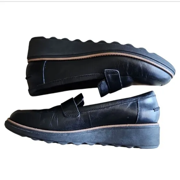 Clarks Sharon Gracie Slip-On Chunky Wedge Loafers Shoes Faux Leather Black Sz 9
