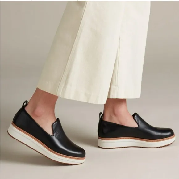 Clarks Teadale Genna navy platform chunky preppy leather loafer sz 8 comfy