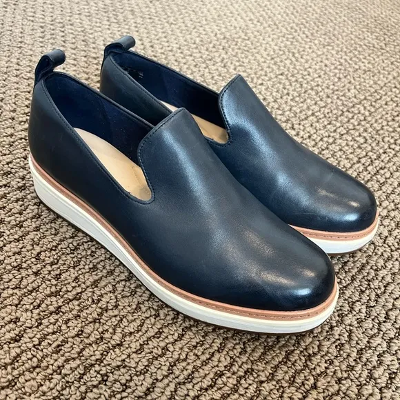 Clarks Teadale Genna navy platform chunky preppy leather loafer sz 8 comfy