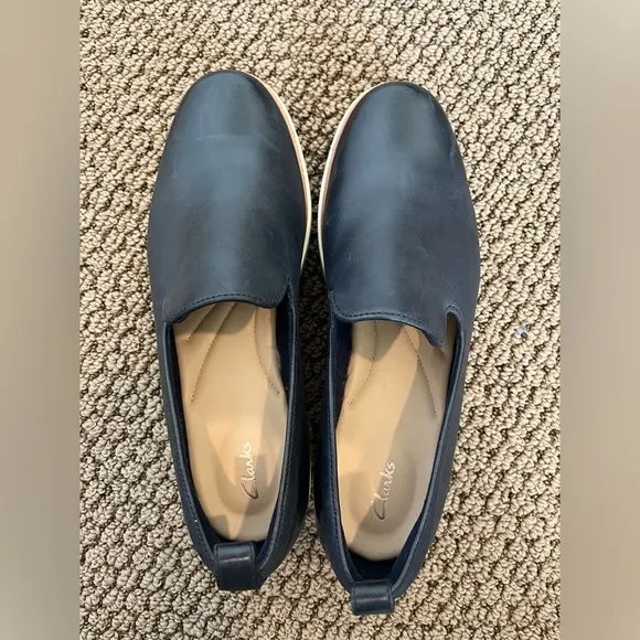 Clarks Teadale Genna navy platform chunky preppy leather loafer sz 8 comfy