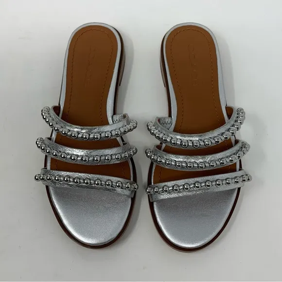 Coach NWT Isa Studded Leather Slide Silver Sandal Size 5