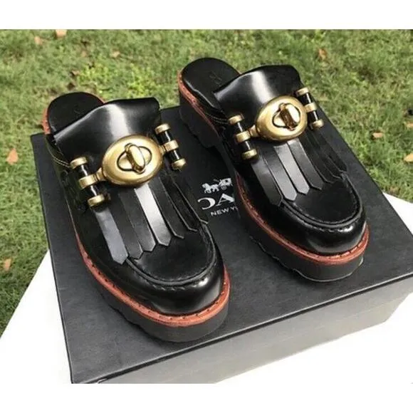 COACH Turnlock Creeper Slides Mules Mule Lug sole Chunky Shoes Black Turn Lock 5