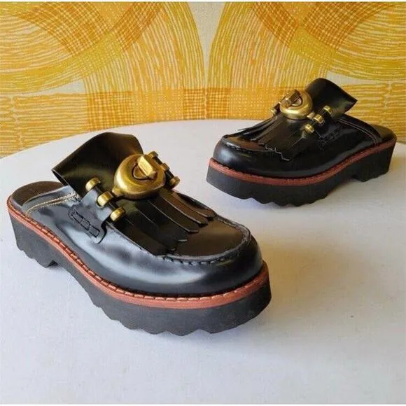 COACH Turnlock Creeper Slides Mules Mule Lug sole Chunky Shoes Black Turn Lock 5