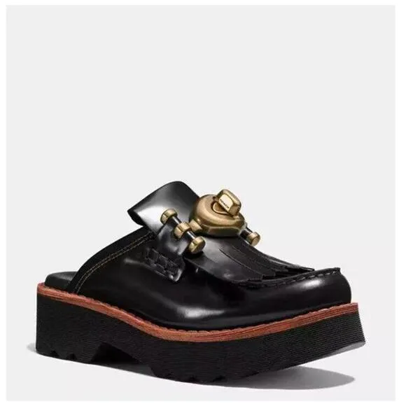 COACH Turnlock Creeper Slides Mules Mule Lug sole Chunky Shoes Black Turn Lock 5