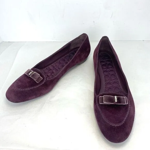 Coach Wine Suede Lidia Loafer Shoes Women’s Size 7.5 Flats Designer Velvet Bow