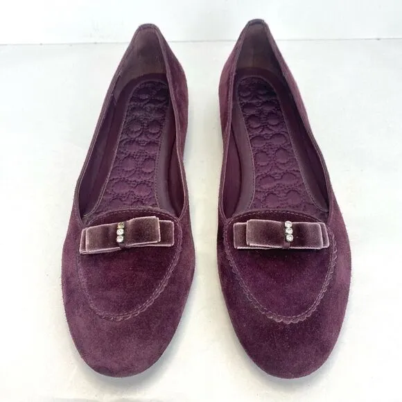 Coach Wine Suede Lidia Loafer Shoes Women’s Size 7.5 Flats Designer Velvet Bow