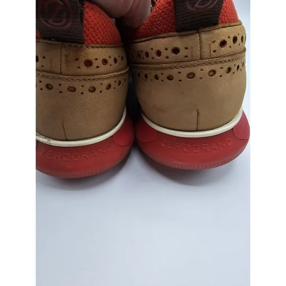 Cole Haan Zero Grand Suede Shoes Winged Top Oxford Mens 11 Tan &amp; Red C33628