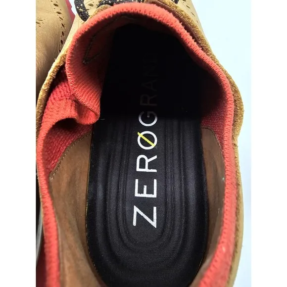Cole Haan Zero Grand Suede Shoes Winged Top Oxford Mens 11 Tan &amp; Red C33628