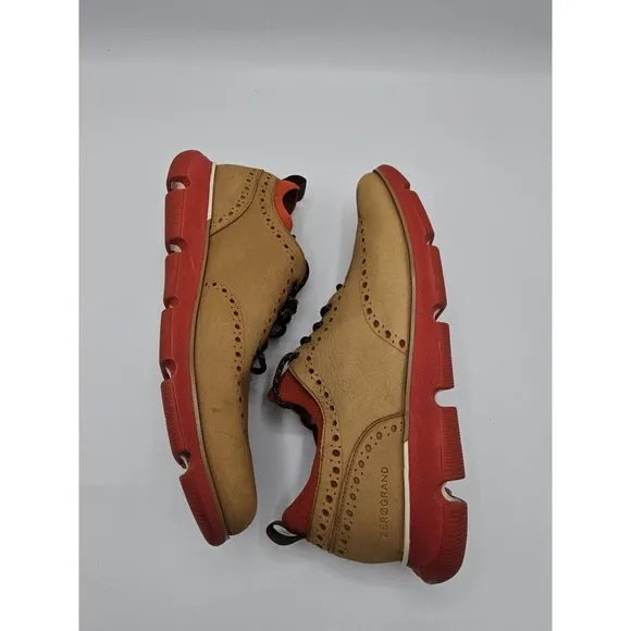 Cole Haan Zero Grand Suede Shoes Winged Top Oxford Mens 11 Tan &amp; Red C33628
