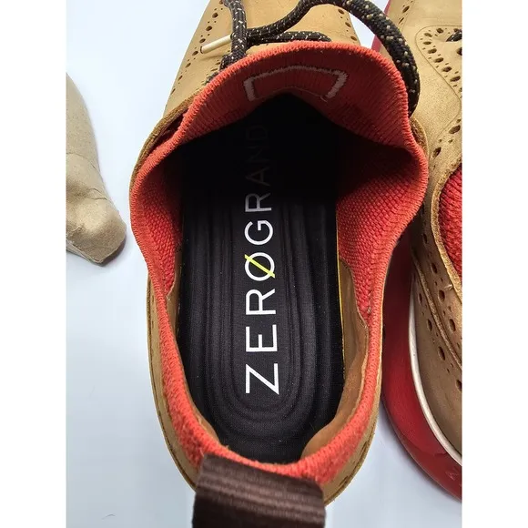 Cole Haan Zero Grand Suede Shoes Winged Top Oxford Mens 11 Tan &amp; Red C33628