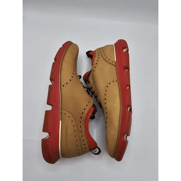 Cole Haan Zero Grand Suede Shoes Winged Top Oxford Mens 11 Tan &amp; Red C33628