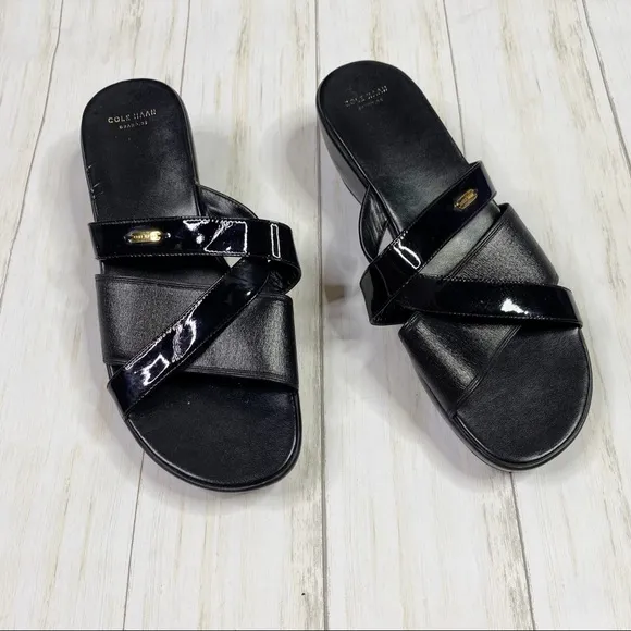 Cole Hann Black Margate Slide II Patent Leather Sandals