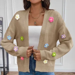 Colorful Crochet Daisy Flower Long Sleeve Open Waffle Knit Cardigan Sweater Tan