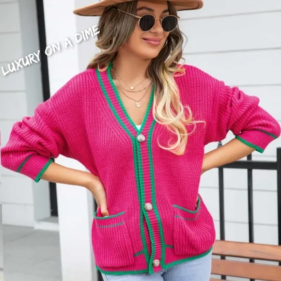 Contrast Color Waffle Knit Button Front Sweater Cardigan Pockets Varsity Stripes