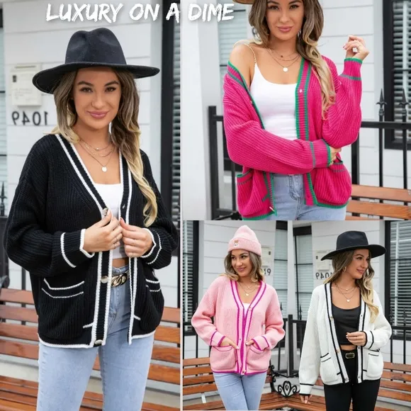 Contrast Color Waffle Knit Button Front Sweater Cardigan Pockets Varsity Stripes