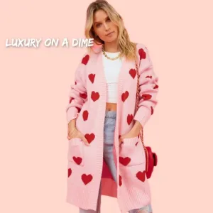 Contrasting Heart Knit Open Front Longline Pocket Sweater Cardigan Valentine
