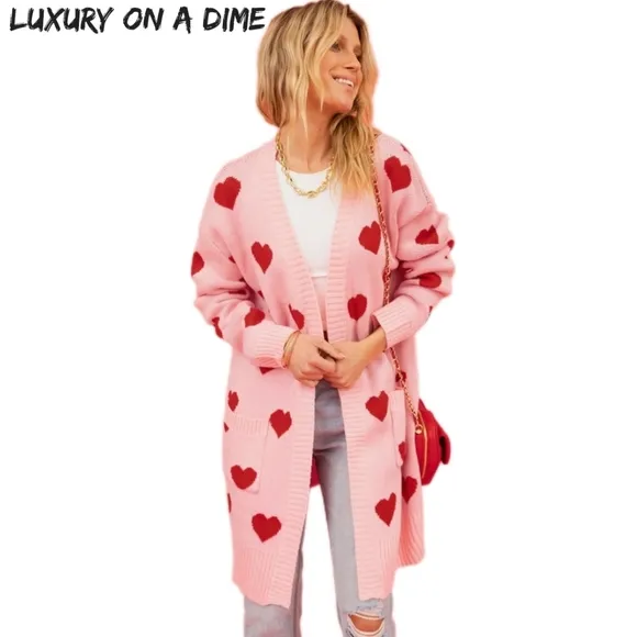 Contrasting Heart Knit Open Front Longline Pocket Sweater Cardigan Valentine