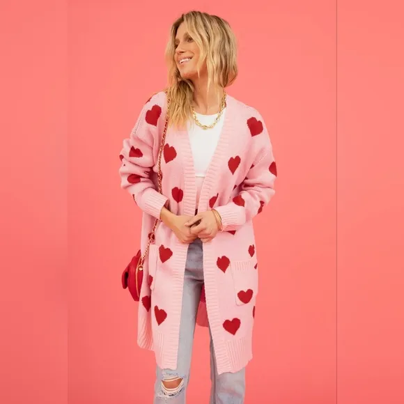 Contrasting Heart Knit Open Front Longline Pocket Sweater Cardigan Valentine