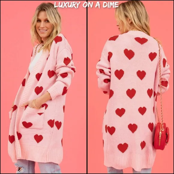 Contrasting Heart Knit Open Front Longline Pocket Sweater Cardigan Valentine