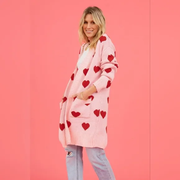 Contrasting Heart Knit Open Front Longline Pocket Sweater Cardigan Valentine