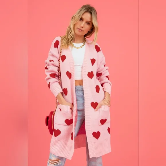 Contrasting Heart Knit Open Front Longline Pocket Sweater Cardigan Valentine