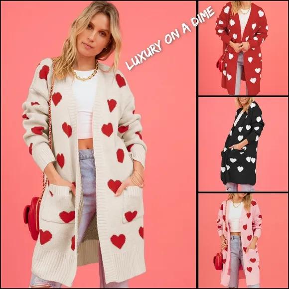 Contrasting Heart Knit Open Front Longline Pocket Sweater Cardigan Valentines