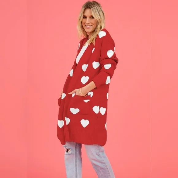 Contrasting Heart Knit Open Front Longline Pocket Sweater Cardigan Valentines