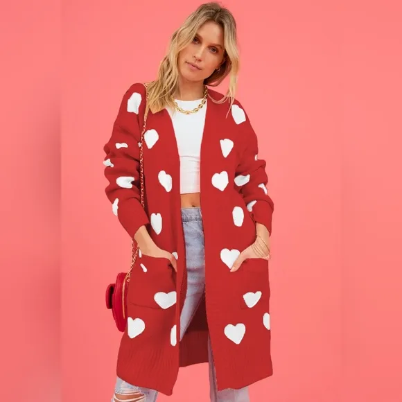 Contrasting Heart Knit Open Front Longline Pocket Sweater Cardigan Valentines
