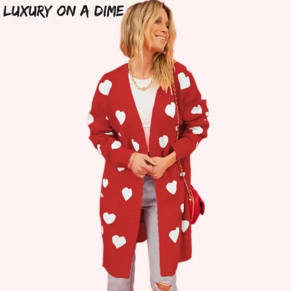 Contrasting Heart Knit Open Front Longline Pocket Sweater Cardigan Valentines