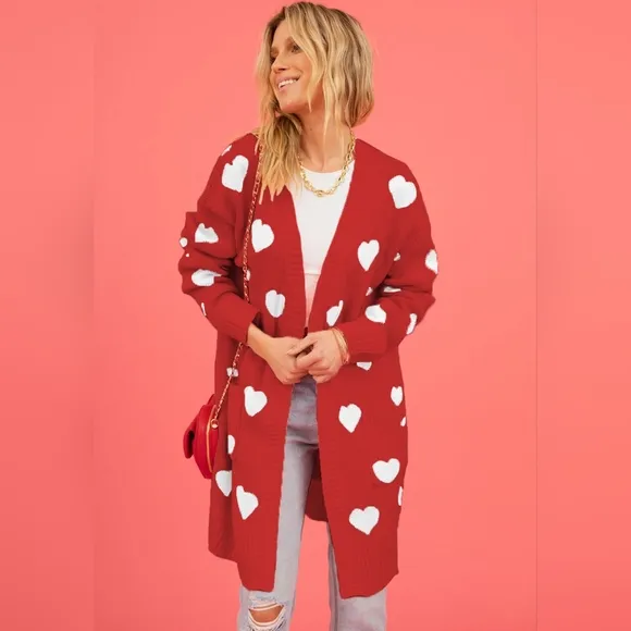 Contrasting Heart Knit Open Front Longline Pocket Sweater Cardigan Valentines