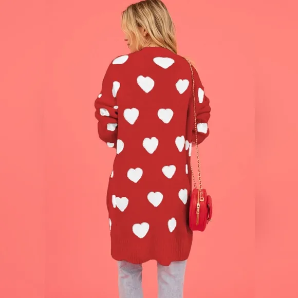 Contrasting Heart Knit Open Front Longline Pocket Sweater Cardigan Valentines