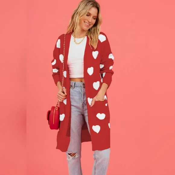 Contrasting Heart Knit Open Front Longline Pocket Sweater Cardigan Valentines