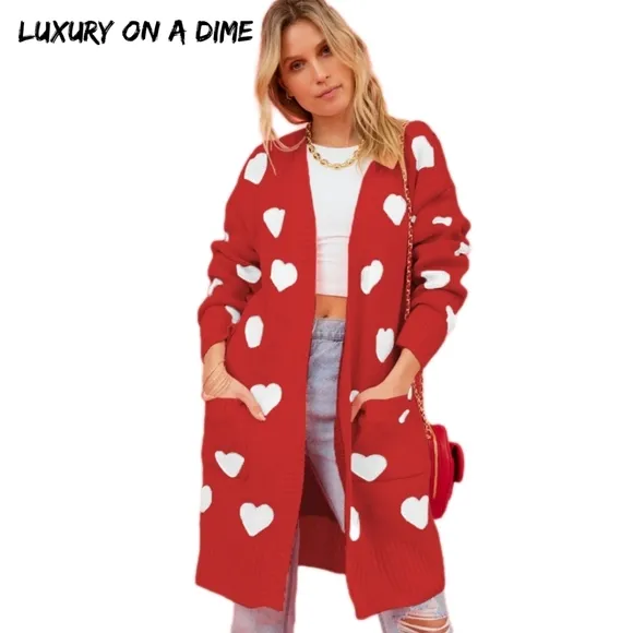 Contrasting Heart Knit Open Front Longline Pocket Sweater Cardigan Valentines