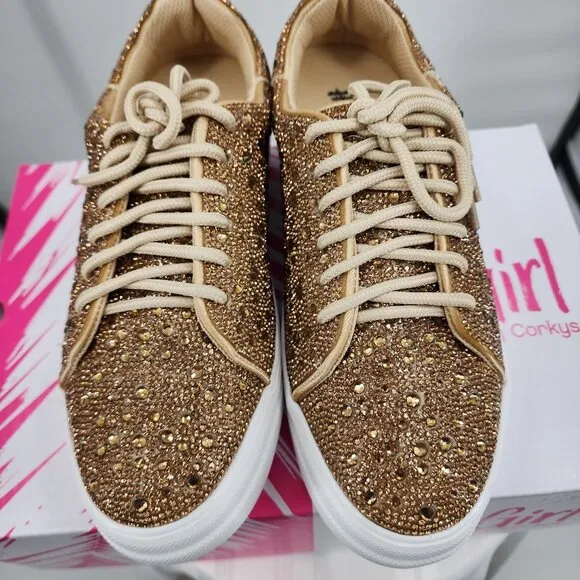 CORKYS Bedazzled Gold Rhinestone Sneakers Tennis Shoes 7-11 NWT